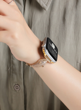 适用华为Fit4表带fit3满天星闪钻豹子头金属表链iwatchS10/9/8/7/6代se2女41mm高级89Pro镶钻红米watch54腕带