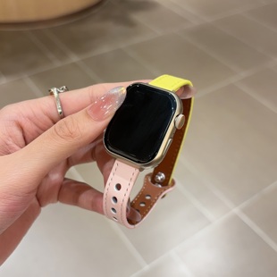 適用華為Fit4表帶fit3可愛小狗雙釘扣真皮腕帶iwatchS10 6代se2女41mm百搭45mm拼色89Pro紅米watch54代