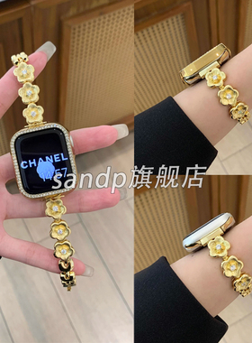 适用华为fit3表带ins锆石拉丝山茶花铜质表链iwatchS10/9/8/7/6/5代se高级女41mm闪钻9Pro表带红米watch5/4代