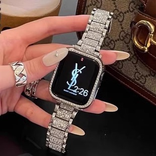 21施华洛满天星iWatchS10 5代se高级42mm带钻表链 适用小米手环9Pro表带ins闪钻三株金属链华为Fit3