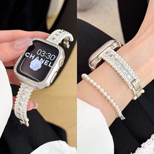 适用小米9pro表带ins爆闪锆石满钻花环金属表链8pro华为fit4 4镶钻表链 Fit3高级41mm女45mm小香风红米watch5