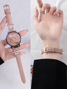 适用华为gt5表带新款 gt3荔枝纹真皮表带magic2代闪钻女表链真皮watch4pro腕带42mm 小蛮腰镶钻马蹄扣表带gt4
