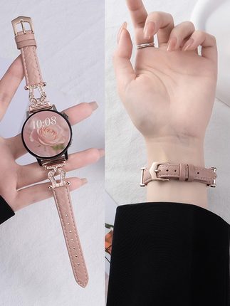 适用华为gt5表带新款小蛮腰镶钻马蹄扣表带gt4/gt3荔枝纹真皮表带magic2代闪钻女表链真皮watch4pro腕带42mm