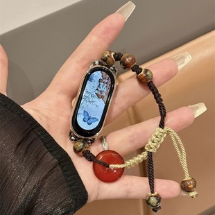 3表鏈NFC腕帶小眾女Fit2 適用小米9手環8nfc表帶新中式 8串珠平安扣編織表帶小米9 串珠編織繩華為9