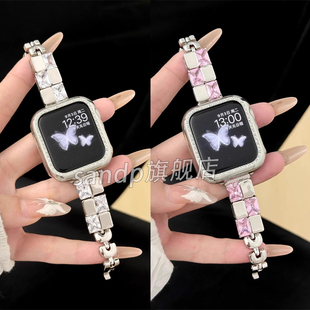 适用华为Fit3手表带小香风锆石小冰块铜质表链华为fit2镶钻表带苹果iwatchS10/9/8/7/6/5代se高级女46mm/45mm