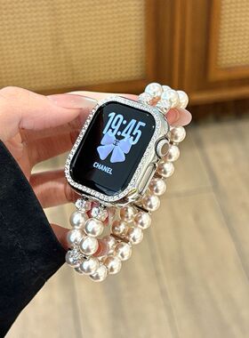 适用红米watch6表带ins镶钻白珍珠小香风弹力腕带小米Redmi6/5/4双排珍珠表链华为Fit4/3/2/1闪钻米89Pro腕带