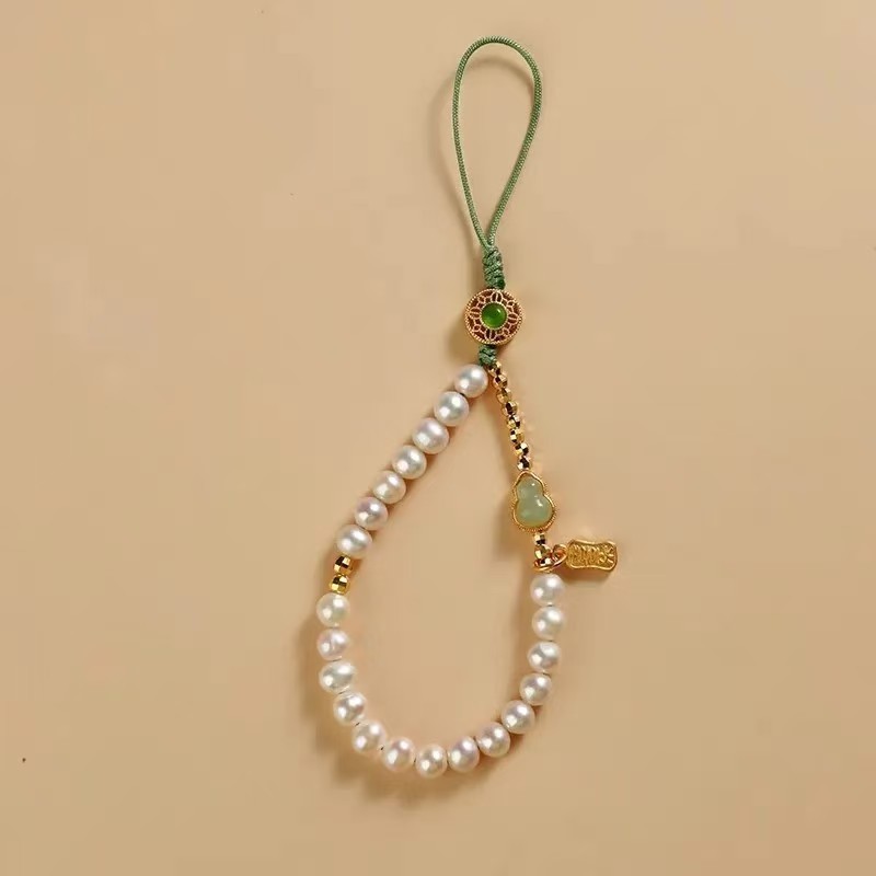 小众设计贝珠手机链挂件古风招财纳福手腕挂绳小清新绿色高级文艺