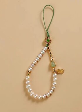 小众设计贝珠手机链挂件古风招财纳福手腕挂绳小清新绿色高级文艺