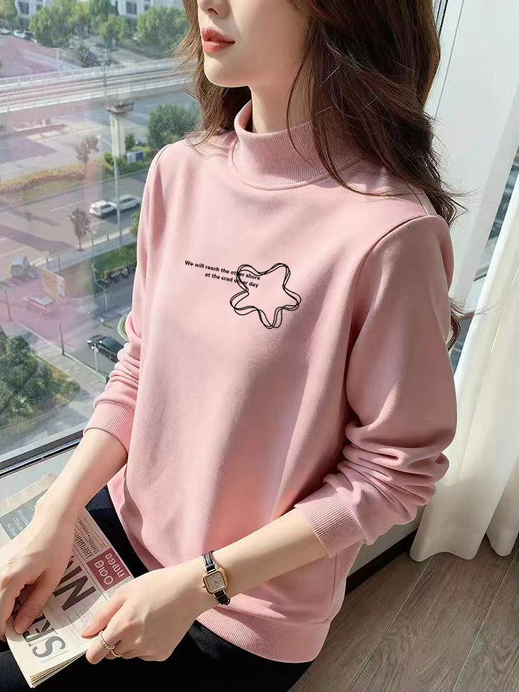 2025 Autumn/Winter new style half-high collar fleece-lined women's pullover hoodless loose long-sleeve thick top innerwear