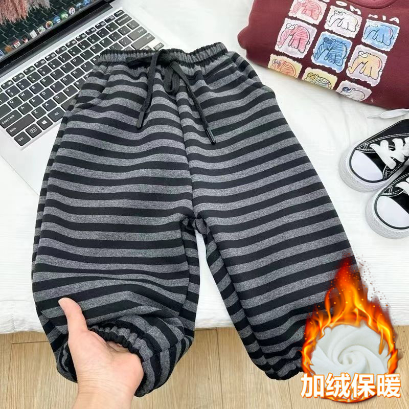 男女童洋气条纹裤子秋冬季儿童宝宝加绒加厚保暖休闲束脚哈伦卫裤