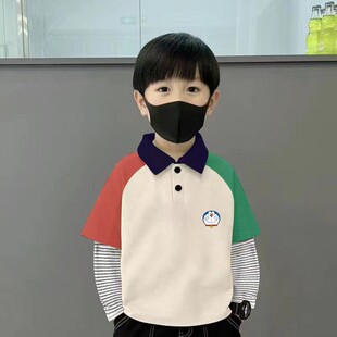 純棉男童拼接條紋polo衫 T恤春秋季 新款 中大兒童寶寶百搭上衣 長袖