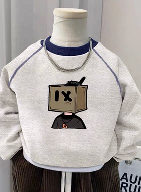 100%纯棉男童加绒加厚圆领卫衣秋冬新款小孩儿童宝宝卡通印花上衣