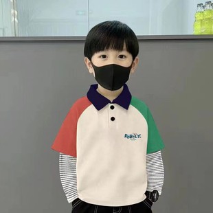 純棉男童拼接條紋polo衫 T恤春秋季 中大兒童寶寶卡通韓版 上衣 長袖