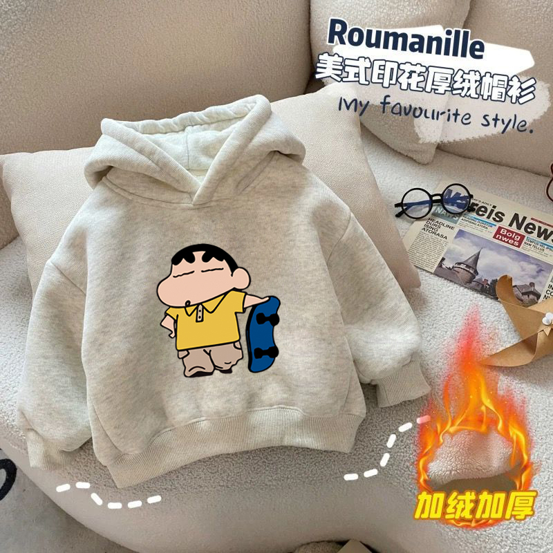 100%纯棉男童加绒加厚连帽卫衣秋冬新款小孩儿童宝宝卡通动漫上衣