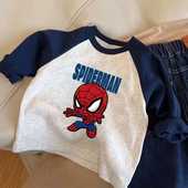 韩版 纯棉男童插肩长袖 T恤春秋新款 儿童宝宝帅气卡通印花打底上衣