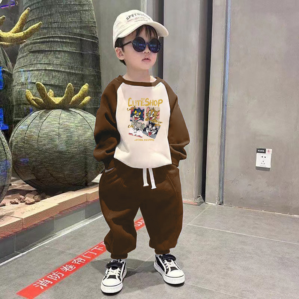 100%纯棉男童插肩卫衣两件套春秋季新款儿童宝宝洋气休闲运动套装