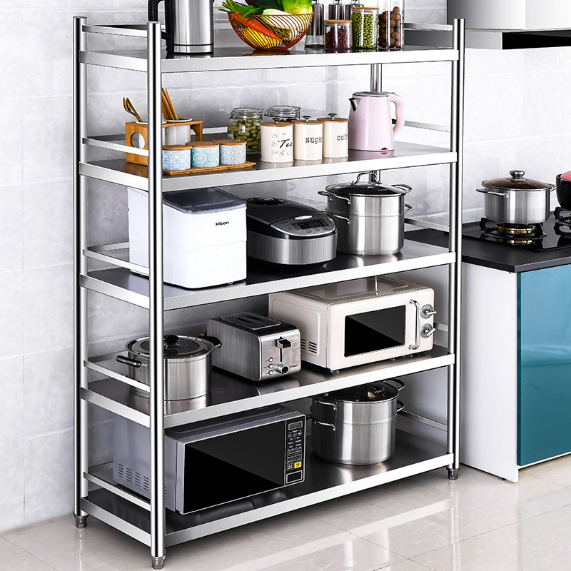 带围栏不锈钢厨房置物架多层落地收纳架子五层家用储物微波炉货架