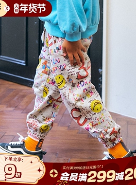 BREEZEsquare专柜同款儿童趣味涂鸦满印英伦格拉绒束脚裤R520045