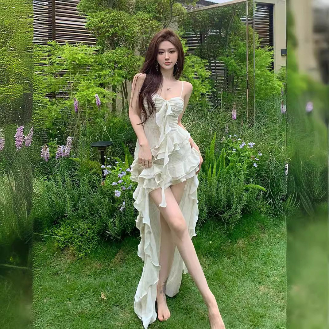 法式荷叶边不规则吊带连衣裙仙女连衣裙