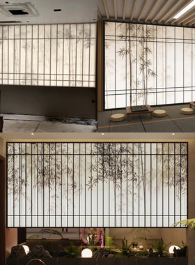 茶室古风美学杜邦纸竹影灯箱民宿火锅店餐厅仿格栅屏风树影背景墙