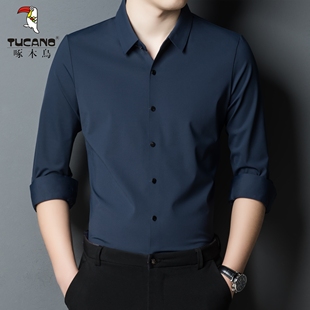 垂感商务休闲免烫中年弹力衬衣 春秋新款 啄木鸟无痕蓝色衬衫 男长袖