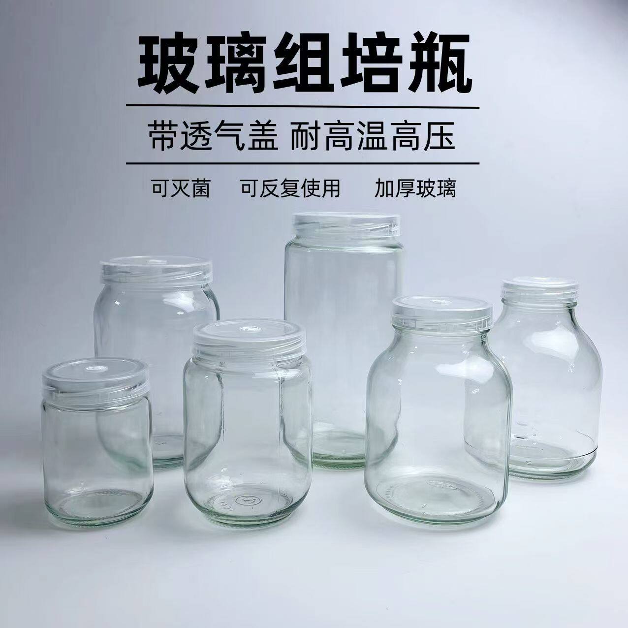 耐高温高压玻璃组培瓶350/240/650ml带透气盖 组织培养瓶菌种瓶