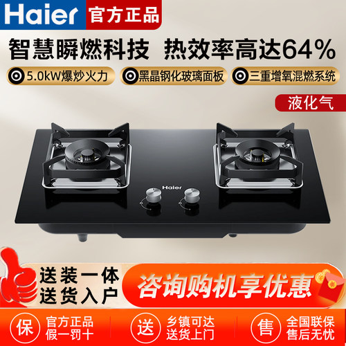 海尔燃气灶家用双灶煤气炉猛火灶液化气嵌入式台式炉具Q2BE53
