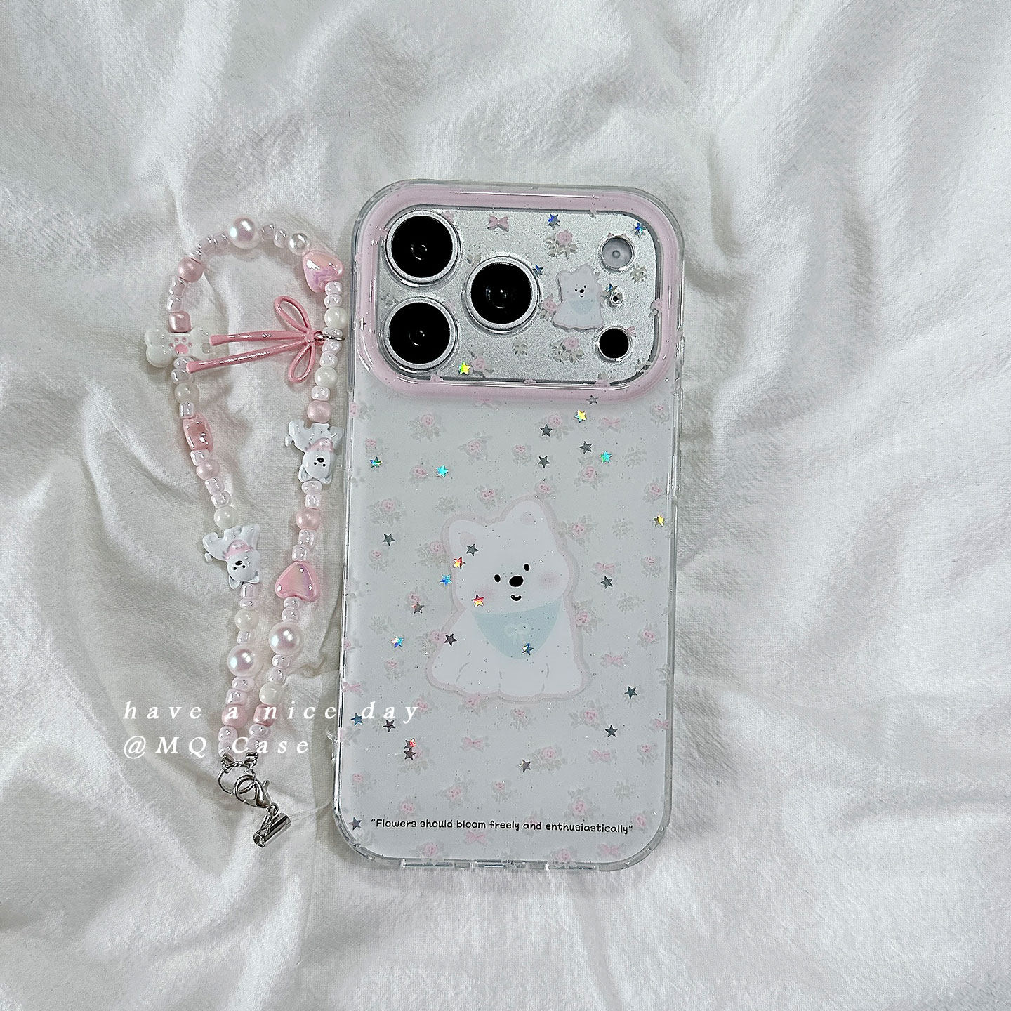 ins闪粉碎花可爱小狗适用苹果17手机壳iPhone17Promax新款16高级感15保护套13硅胶14防摔全包带链条软壳女生p