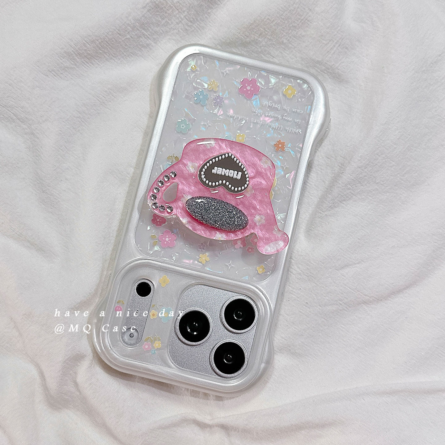 ins贝壳纹少女花朵适用苹果17手机壳iPhone17Promax新款16高级感15独特保护套硅胶防摔全包带茶壶支架女款软p