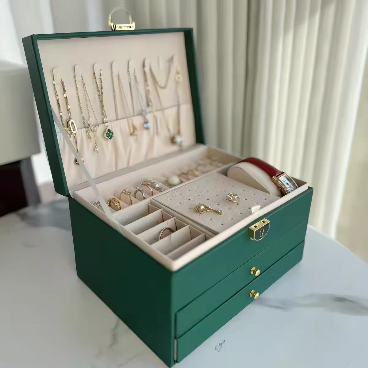 大容量复古皮革首饰收纳盒多层