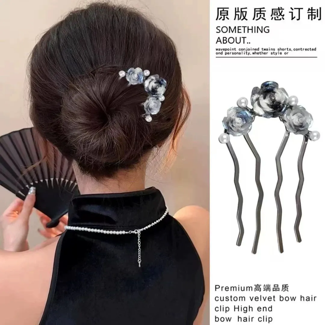 玫瑰花u型发簪高级感珠珠插梳发钗古风新中式簪子盘发钗短款头饰