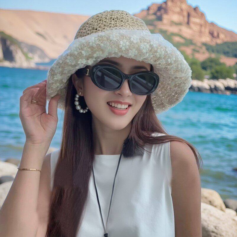 蕾丝花朵大草帽日系小清新草编帽子女海边沙滩帽度假遮阳防晒帽