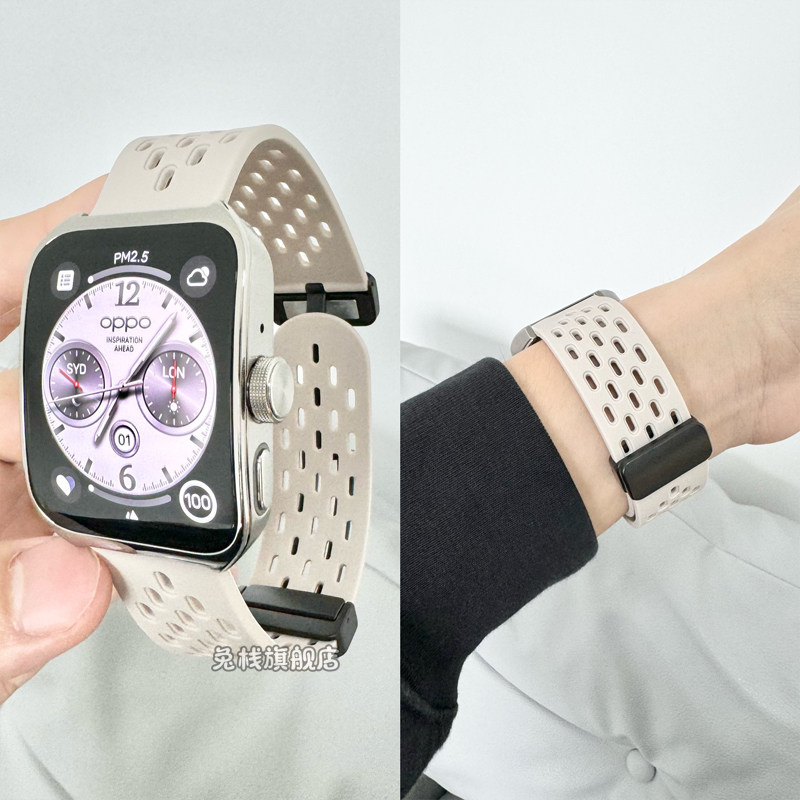 适用oppowatch4pro手表表带oppowatch3pro硅胶se洞洞watch2磁吸一代男女款夏天透气oppowatchx原装运动表带