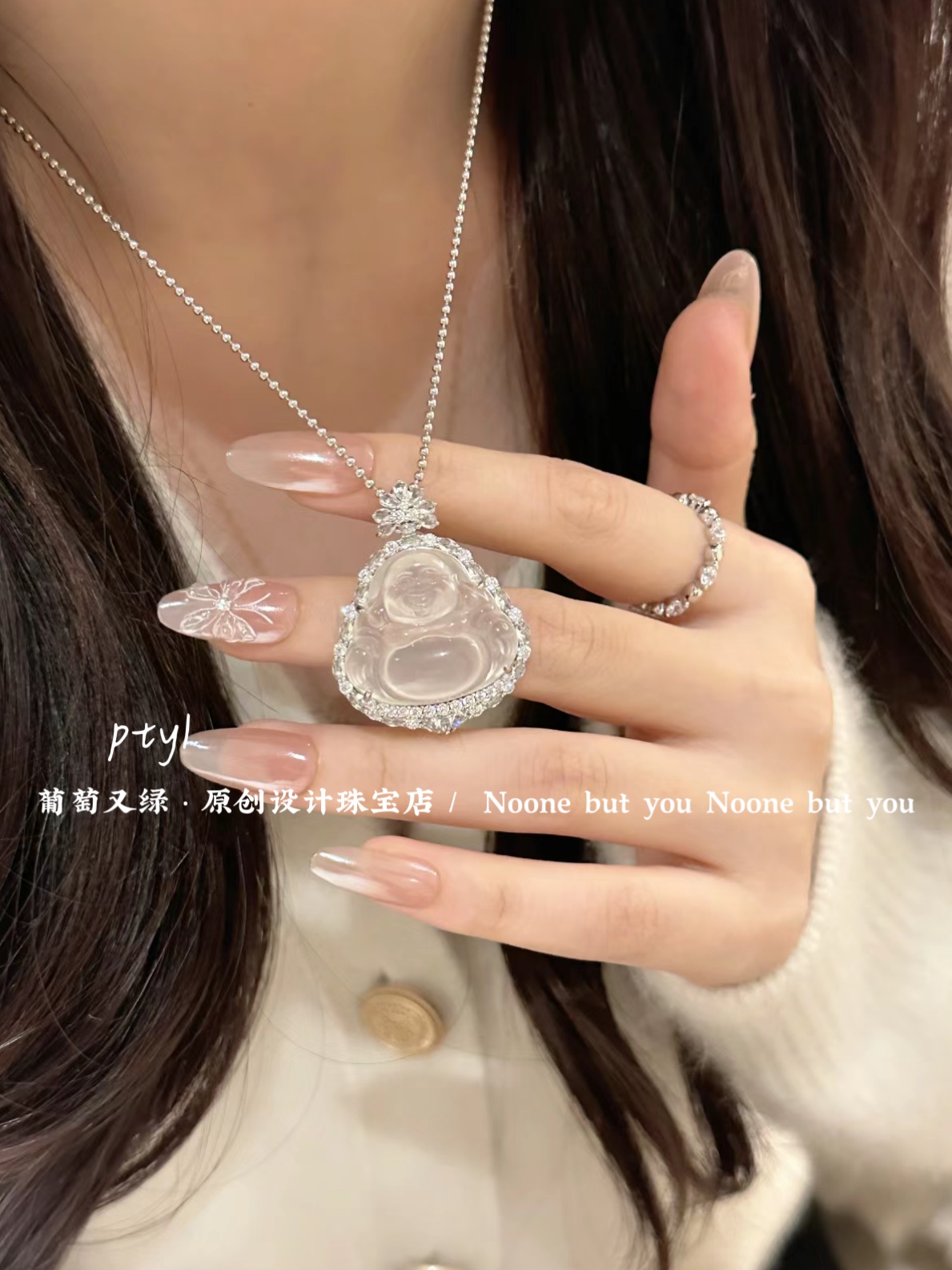 天然白冰玉髓高冰佛吊坠镀925银镶玉石项链网红佛公弥勒佛挂件女