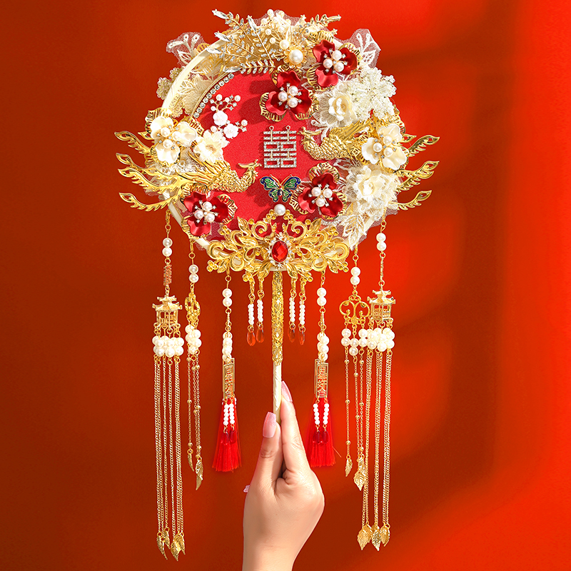 双面双色团扇新娘结婚秀禾出嫁婚礼手工喜扇子高级diy材料包成品