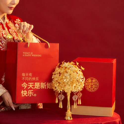 结婚手捧花新娘手工diy黄金色婚礼高级出嫁秀禾中式婚礼送闺蜜