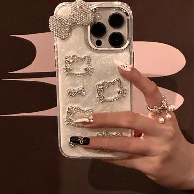 高级感ins少女心闪钻Kitty猫蝴蝶结适用苹果15promax手机壳iphone13新款11滴胶12小众14promax全包防摔保护套