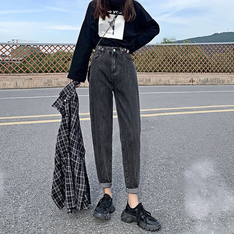 哈伦牛仔裤女时尚设计感可调腰围2024年新款高腰九分萝卜老爹裤子