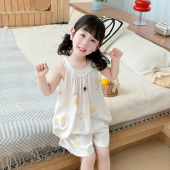 中大童女孩甜美吊带睡衣小宝宝套装 女童洋气绵绸背心裙短裤 夏新款