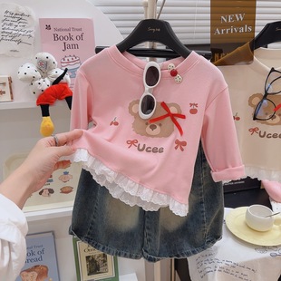 女宝宝保暖上衣中大童花边内搭打底衫 春秋季 女孩甜美百搭德绒长袖