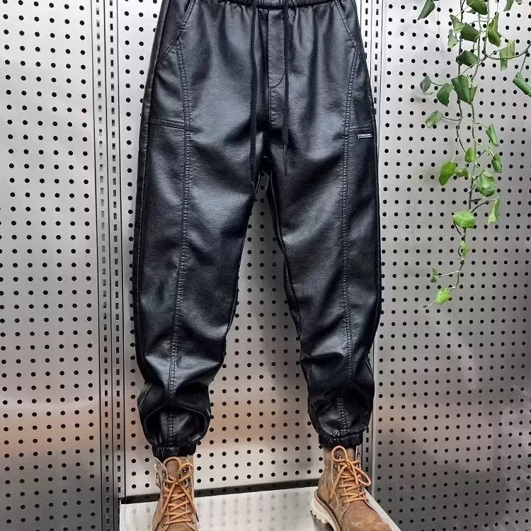 绵羊PU皮工装长裤2025秋冬新款复古皮裤男长款束脚卫裤工装多口袋