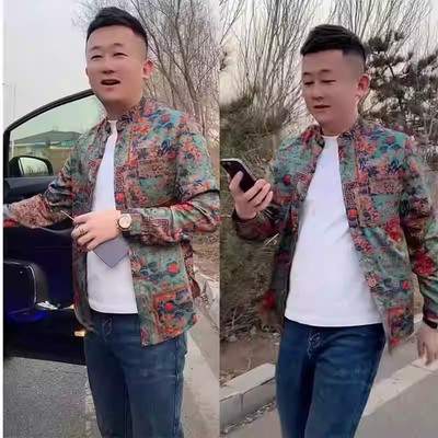 2025春秋季新款男士碎花中国风衬衫外套长袖时尚潮流休闲外穿上衣