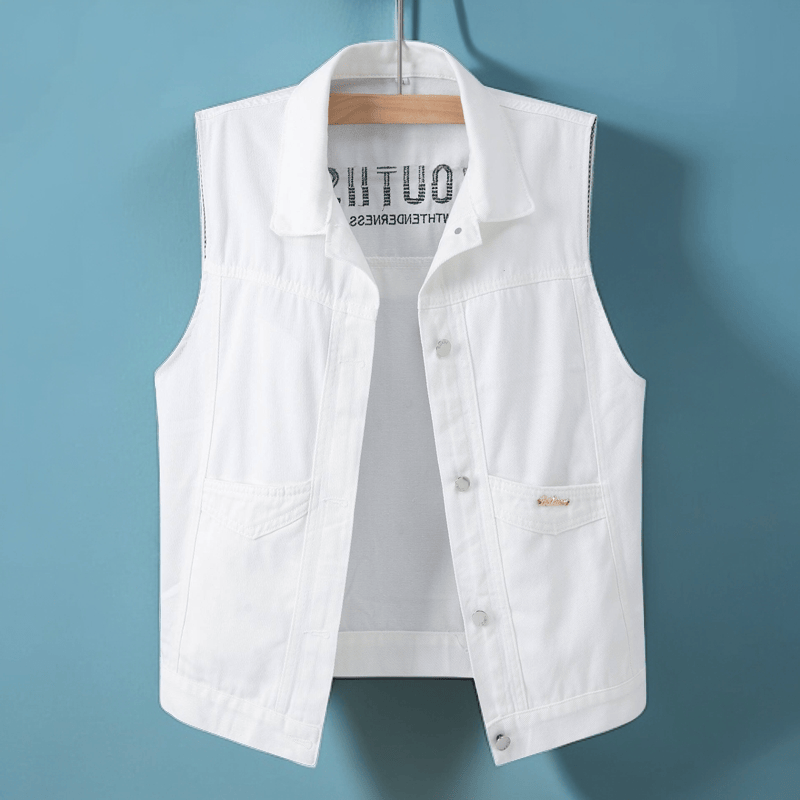 2024夏季新款牛仔刺绣袖坎肩翻领马甲男士潮流高级休闲背心T恤