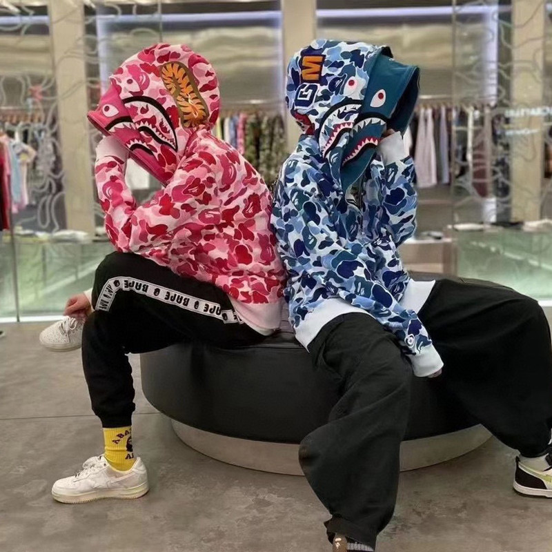 日本潮牌bape迷彩双帽鲨鱼秋冬季卫衣男士青少年开衫连帽外套宽松