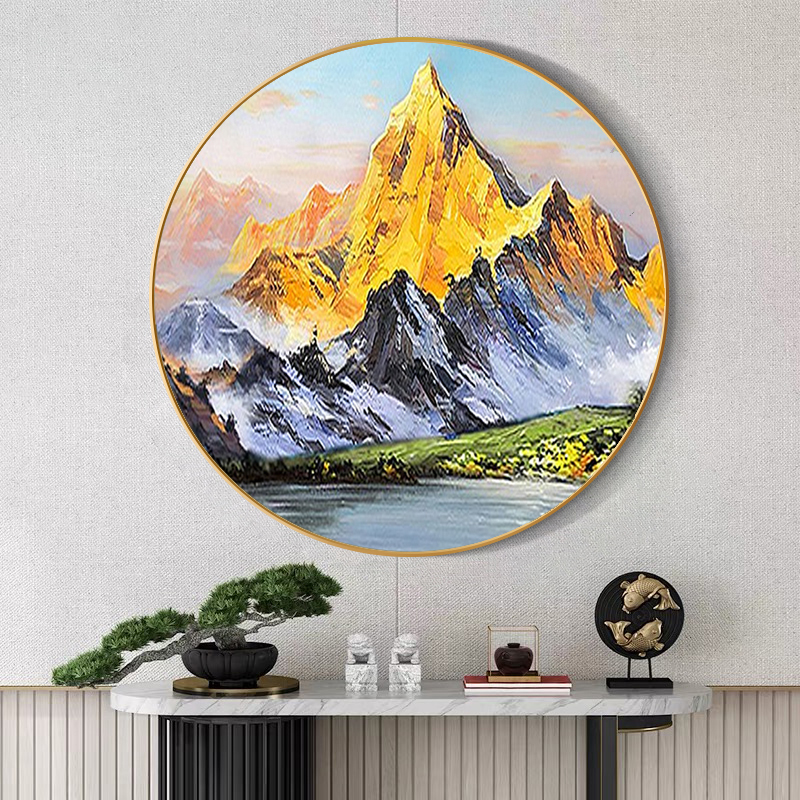手绘油画金山日照圆形画中式山水玄关挂画客厅背景墙装饰画餐厅图片
