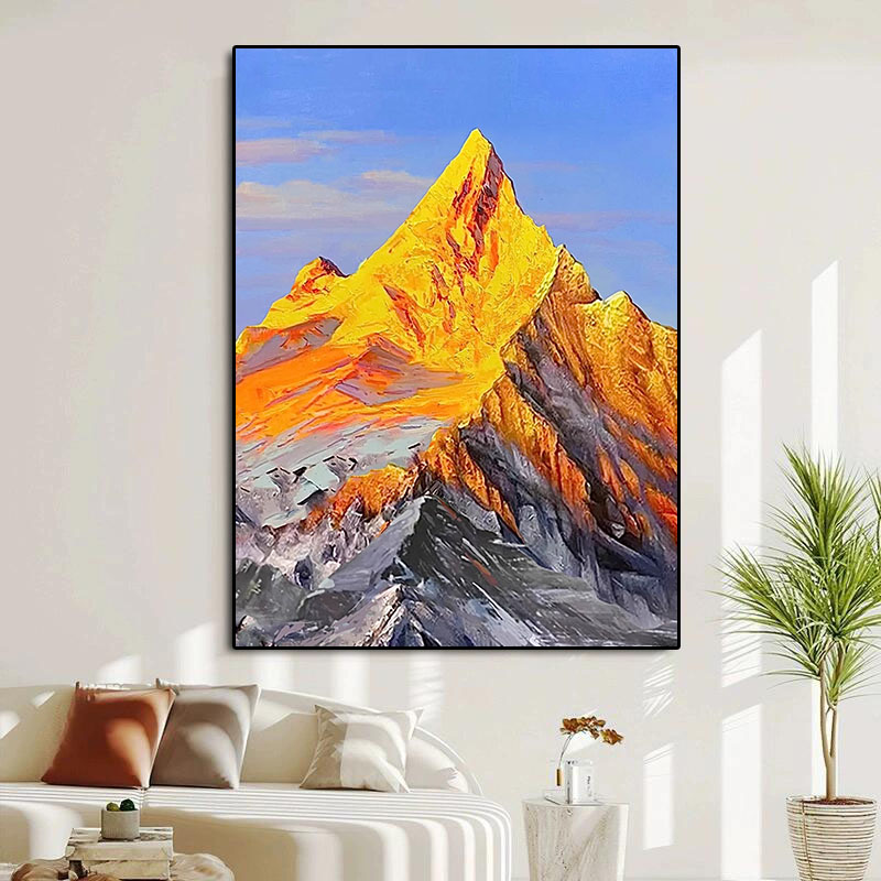 大芬村手绘油画日照金山入户玄关装饰画客厅挂画高级感肌理壁画图片