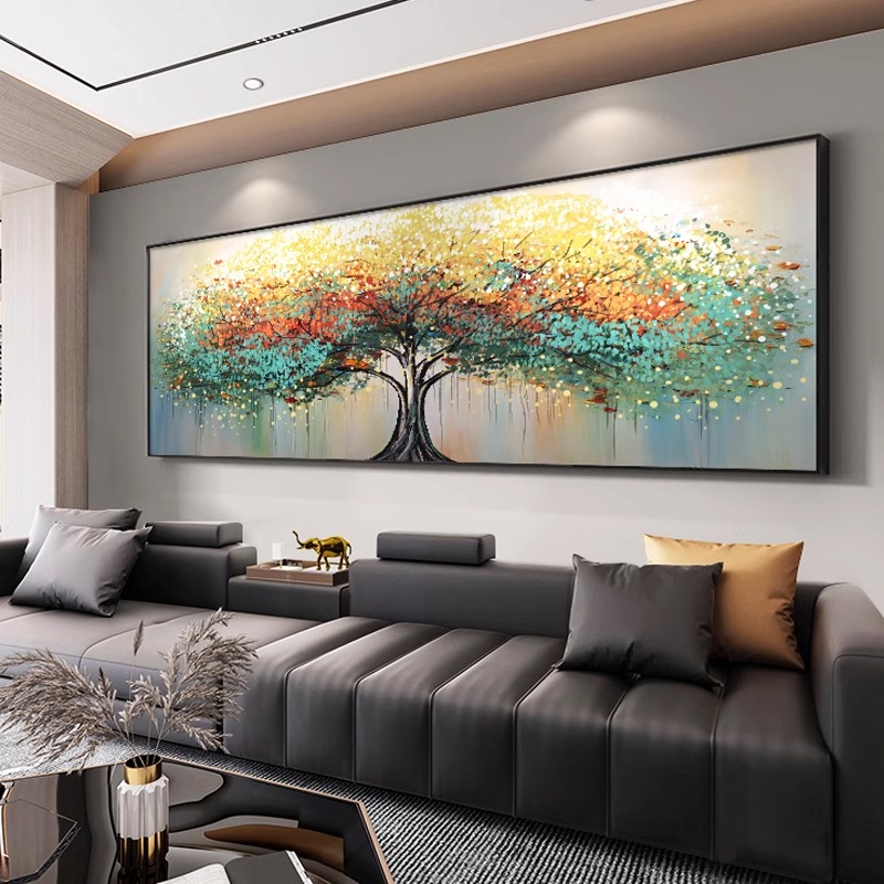 发财树手绘油画客厅装饰横