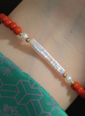 新中式红玛瑙天然淡水珍珠串珠手链2024新款高级感轻奢搭叠戴