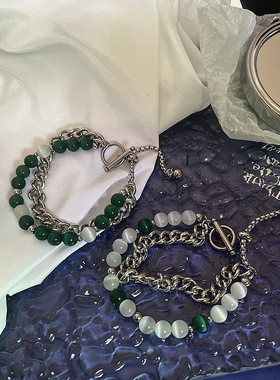 新中式嘻哈小众猫眼石拼色手链男女情侣街头配饰可调节抽拉式