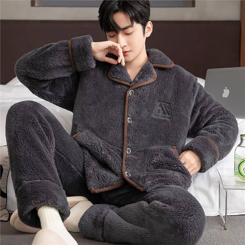 轻奢冬季睡衣士新款加绒加厚珊瑚绒中青年法兰绒家居服开衫大码